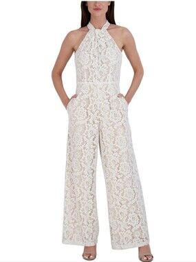 Julia Jordan Full Lace Ivory Nude Twisted Halter-Neck Wide-Leg Jumpsuit Size 12